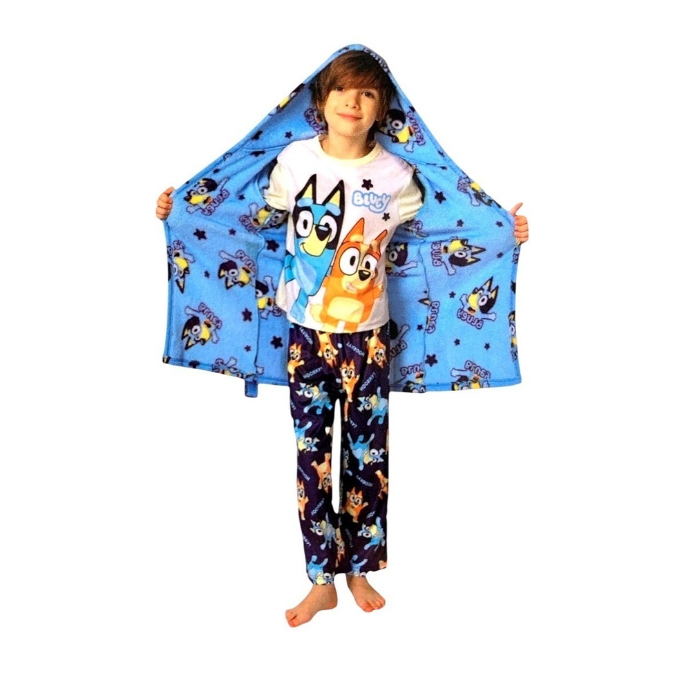 Bluey Boys 3PC Pajama Set with Hooded Robe Navy Blue White Size 8
